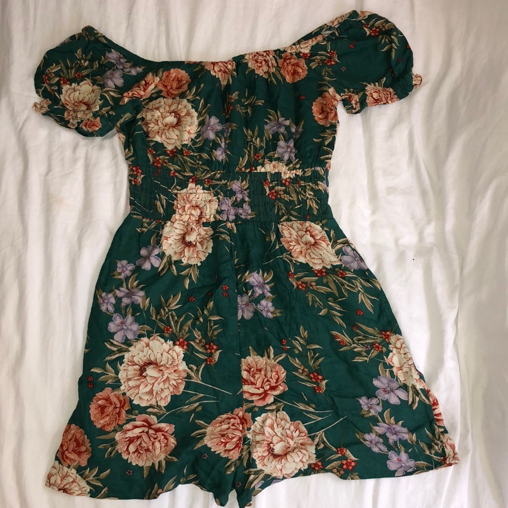 Green Floral Print Off-the-Shoulder Romper